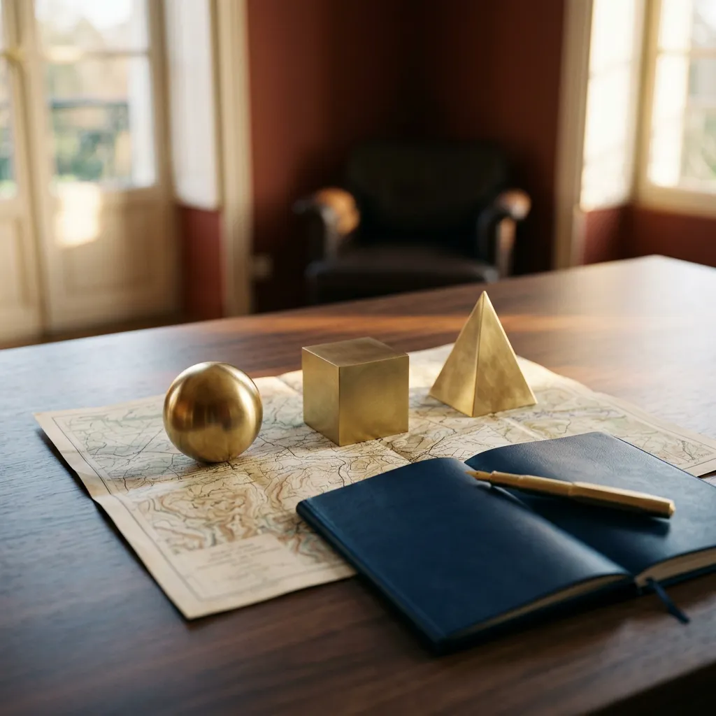 Une sphère, un cube et une pyramide de laiton posés sur une carte ancienne dépliée, près d’un carnet ouvert