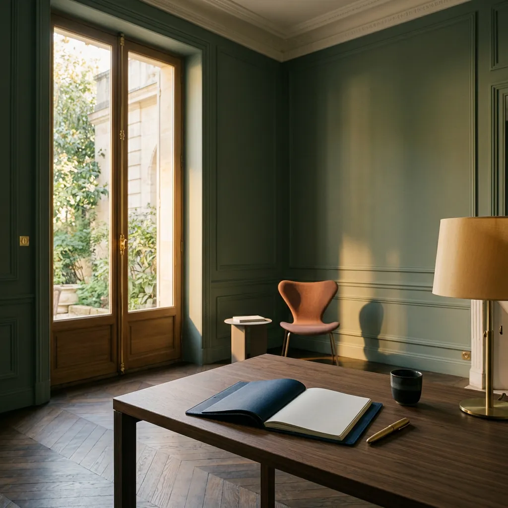 Un bureau de bois face à une fenêtre, carnet ouvert et lampe allumée dans une pièce vert sauge