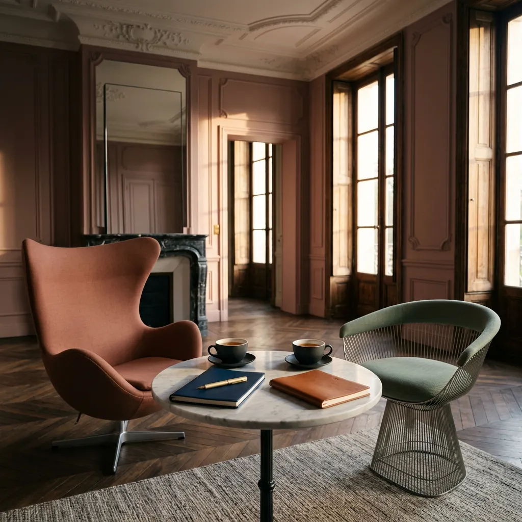 Deux fauteuils face à face dans un salon feutré, lumière naturelle latérale